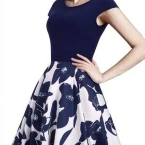Homeyee Navy and White Floral Dress  Knit Bodice and Poly Skirt XL